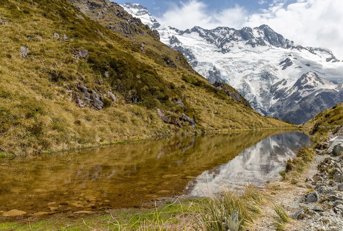 The Sealy Tarns below snowy peaks